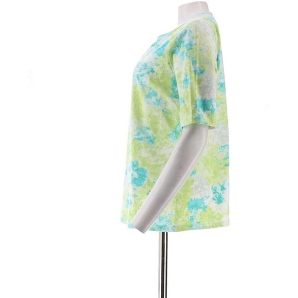 NWT DENIM & CO. PERFECT JERSEY ELBOW SLEEVE WATERCOLOR TOP LIGHT TURQUOISE XXS - Picture 2 of 8